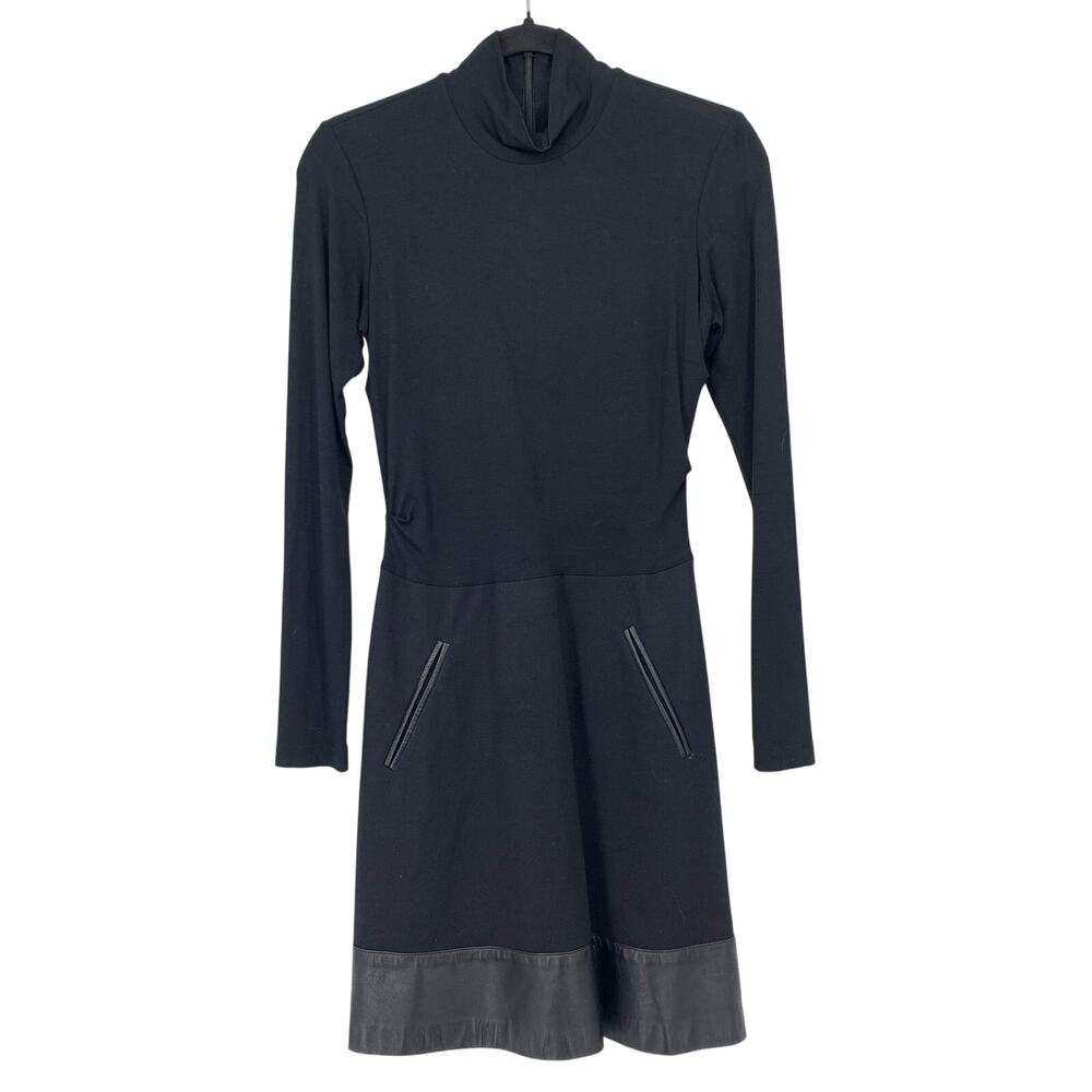 Nicole Miller Artelier Long Sleeve Turtleneck Dress Sz S Black With Leather Trim